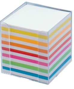 Notizbox glasklar – 9,5×9,5×9,5cm, Papier: weiß / bunt, ca. 700 Blatt