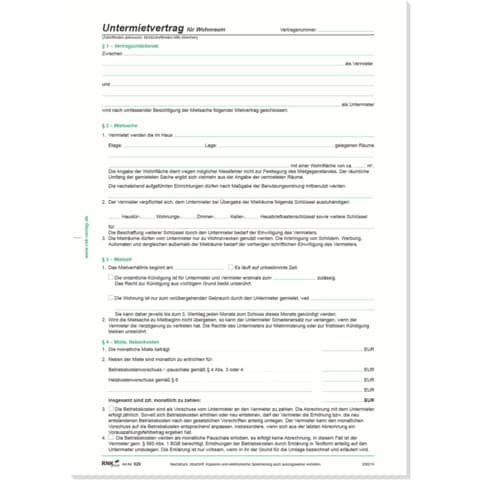 Untermietvertrag für Wohnräume, 4 Seiten, gefalzt auf DIN A4, 10 Stück