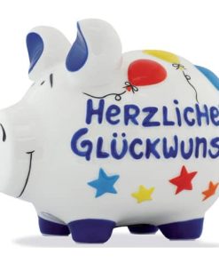 Spardose Schwein „Herzlichen Glückwunsch“ – weiß, mittel