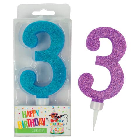Geburtstagskerze Glitter Zahl 3 – sortiert