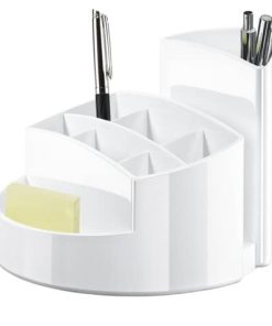 Schreibtischköcher RONDO – 9 Fächer, Gummifüße, Briefschlitz, hochglänzend, weiß