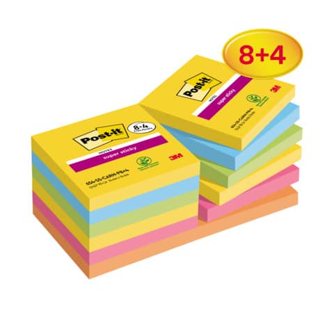 Haftnotiz Super Sticky Notes Promotion – 76 x 76 mm, sortiert, 12x 90 Blatt