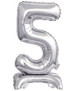 Folienballon Mini Zahl 5 – 15 x 38 cm, mit Standfuß, silber