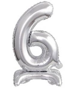 Folienballon Mini Zahl 6 – 15 x 38 cm, mit Standfuß, silber
