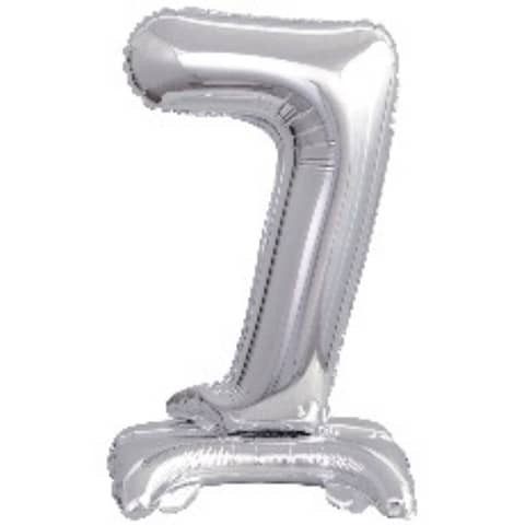 Folienballon Mini Zahl 7 – 15 x 38 cm, mit Standfuß, silber