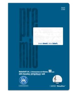 Notenheft LinNH – A4 quer, 8 Blatt, 12 Notensysteme + Hilfslinien, blau