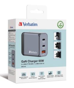 GaN-Ladegerät 65W, 1x USB-A , 2x USB-C, grau