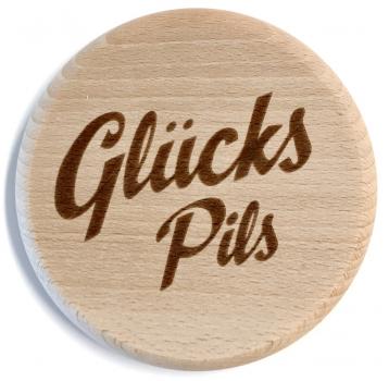 Glasdeckel aus Buche „Glücks Pils“ Größe ca. 10cm, Motiv graviert